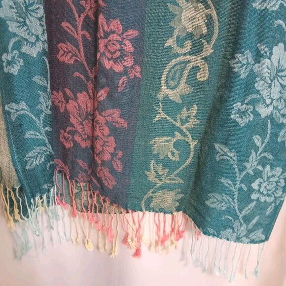 Pashmina Teal, Pink, Blue, Floral Scarf Cashmere, and Silk - Picture 4 of 9